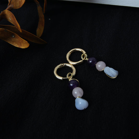 Amethyst/Rose Quartz/Blue Chalcedony Gold Earrings