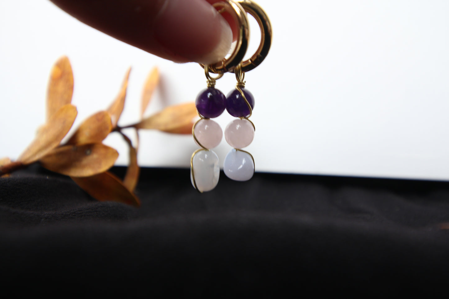 Amethyst/Rose Quartz/Blue Chalcedony Gold Earrings